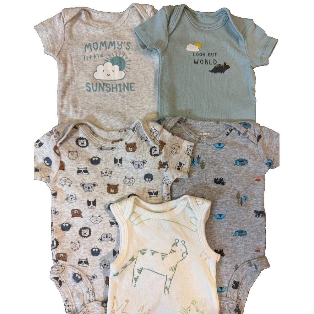 Carters Baby Newborn Short Sleeved Boys Bodysuits Shirts Romper Clothes Lot of 5